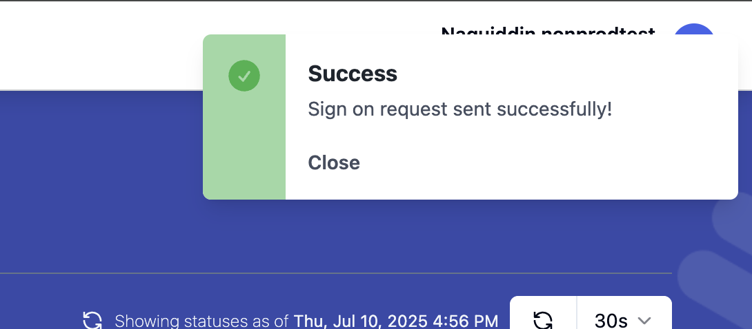 Notification toast confirming Sign On