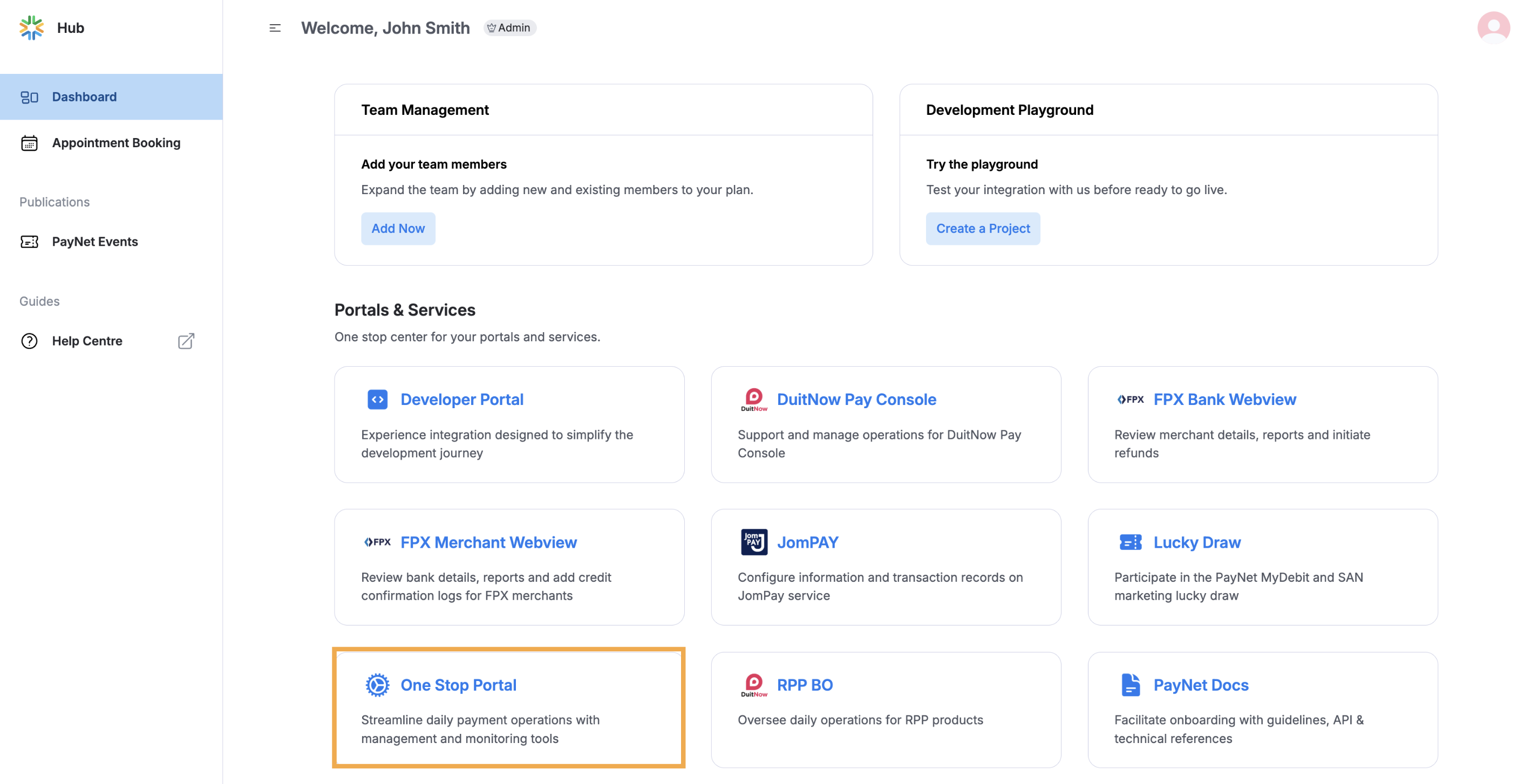 One Stop Portal page