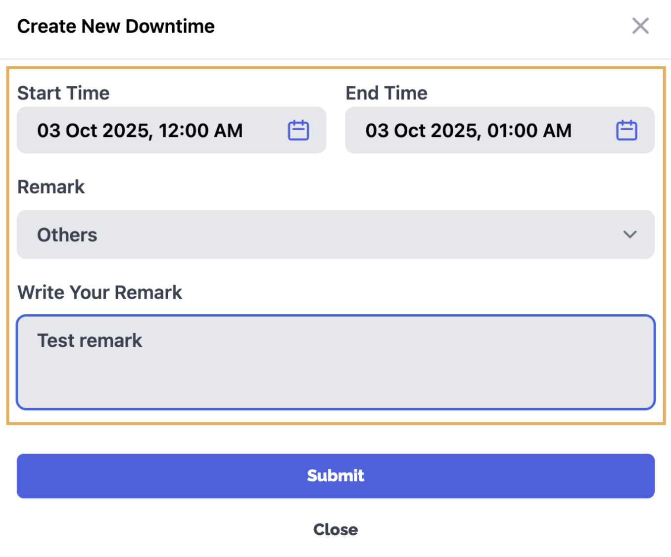 Populate downtime details