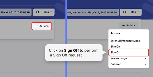 Actions dropdown menu showing Sign Off option