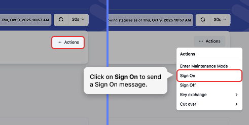 Actions dropdown menu showing Sign On option