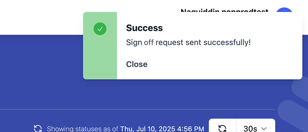 Notification toast confirming Sign Off