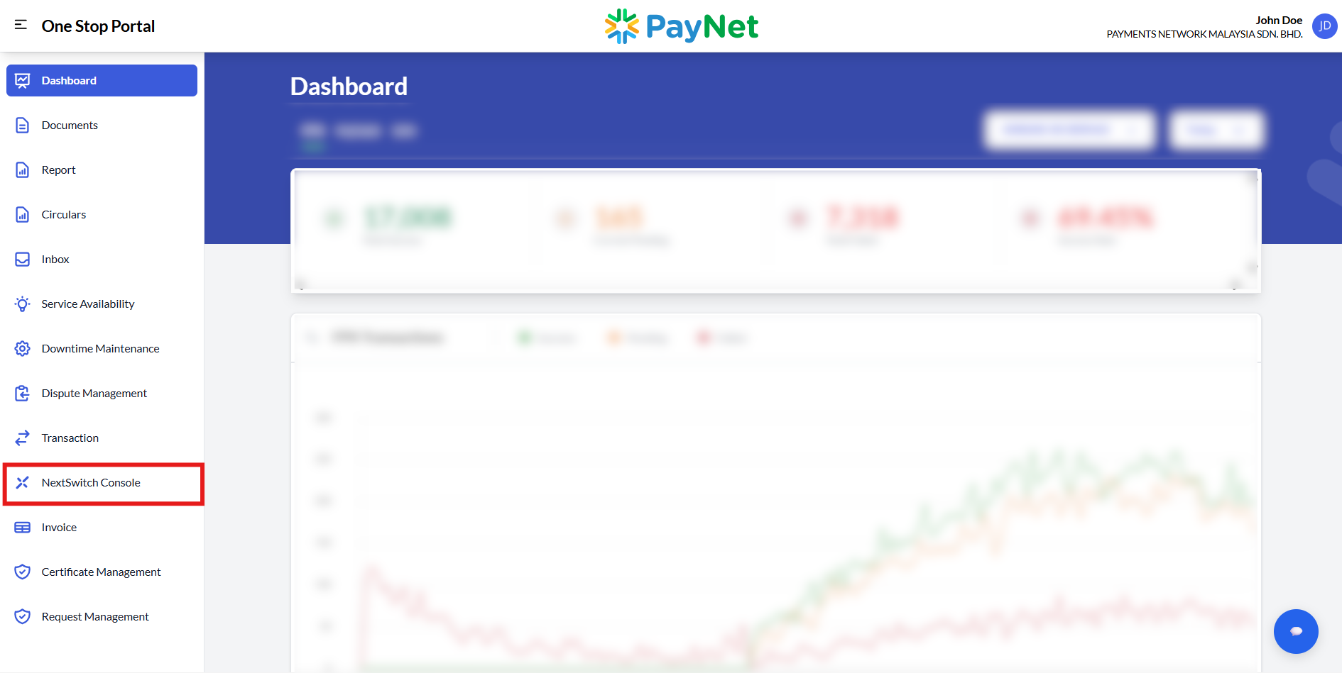 NextSwitch Console selection from the OSP sidebar