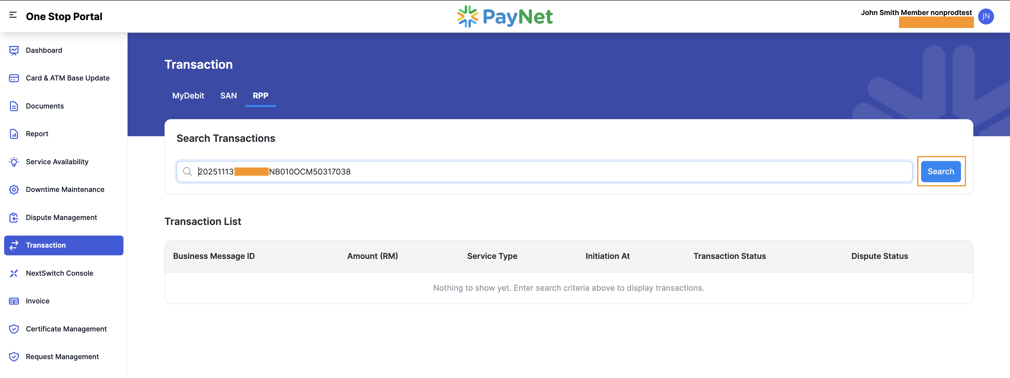 Searching for transaction