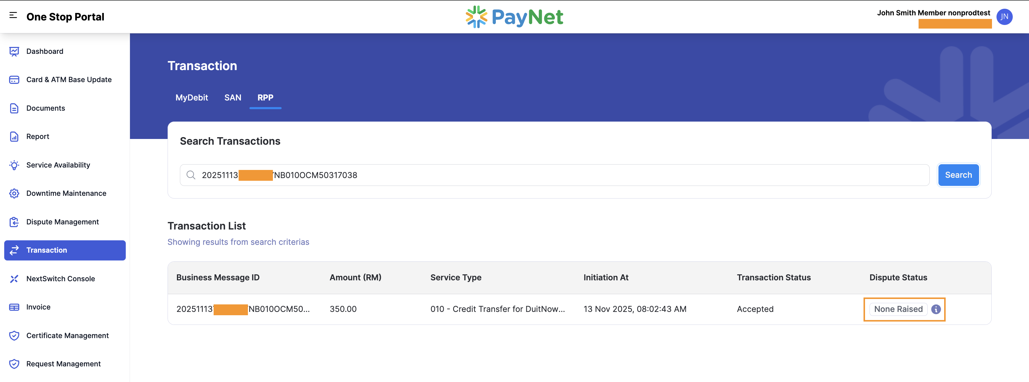 Search results and transaction details