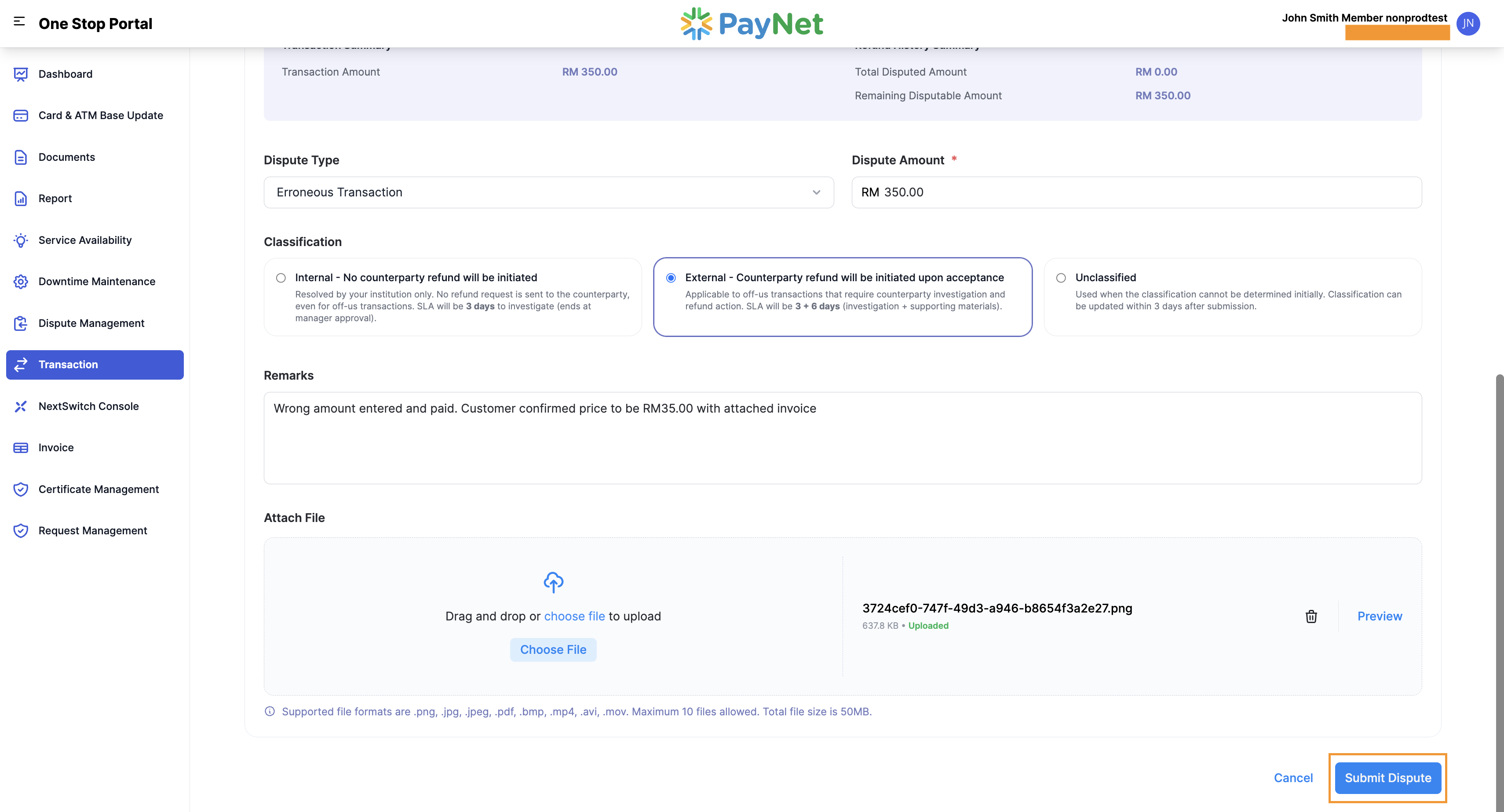 Submitting dispute