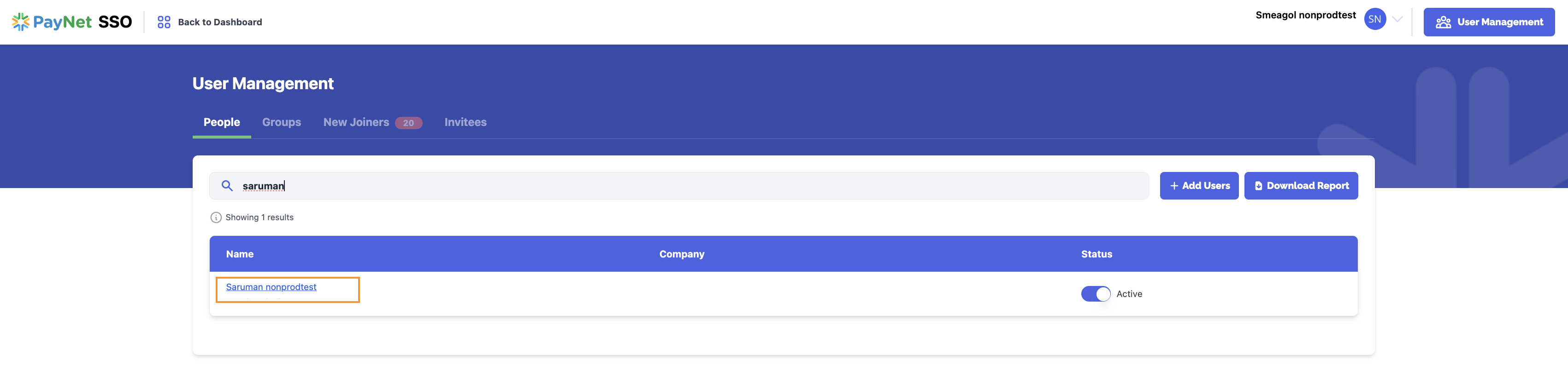 User Management search screen